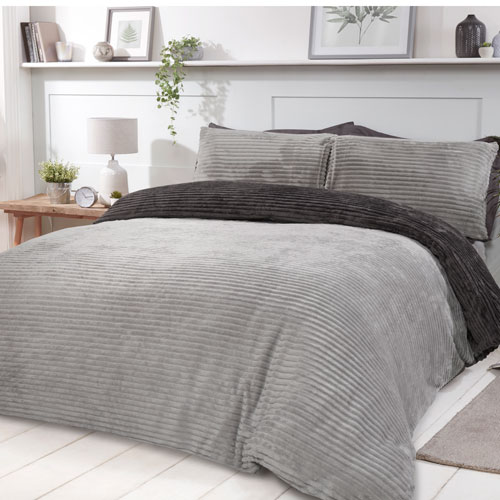 Cosy & Soft Ribbed Fleece Reversible Duvet Set Grey/Charcoal