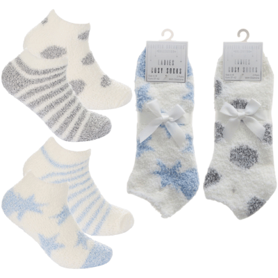 Ladies 2 Pack Stars/Spots Trainer Style Cosy Socks