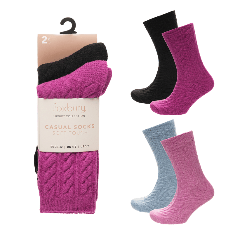 Ladies 2 Pack Cable Chenille Socks