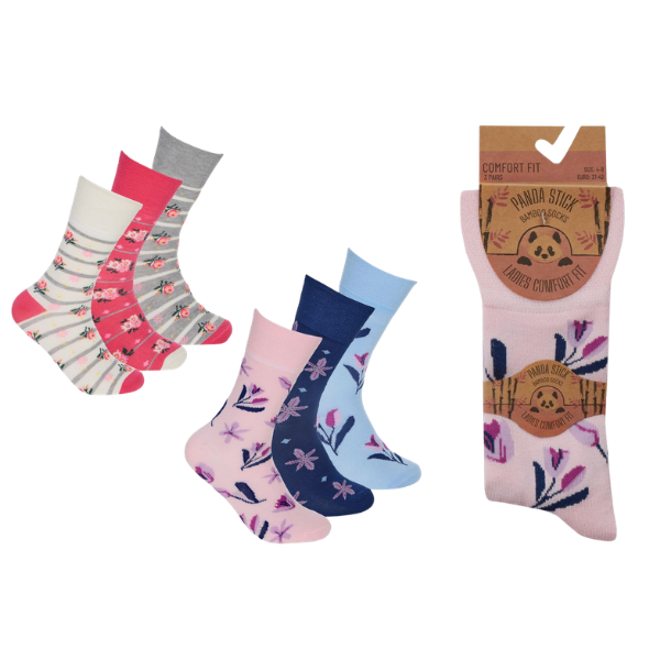 Ladies 3 Pack Bamboo Comfort Fit Socks - Roses & Tulips