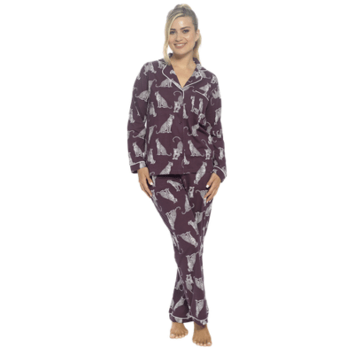 Ladies Jersey Button Through Classic Pyjama Set - Plum With Leopard