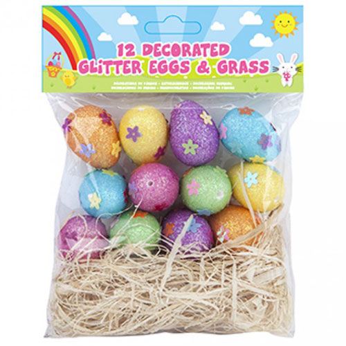 Easter Decorated Glitter Eggs And Grass 12 Pack