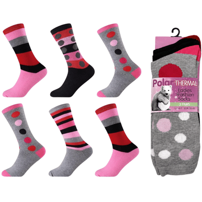 Ladies Brushed 3 Pack Thermal Socks - Dots & Stripes