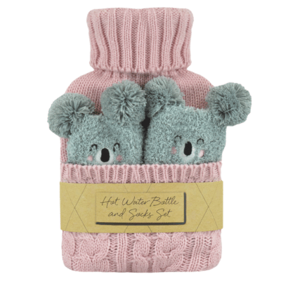 1 Litre Cable Knit Hot Water Bottle & Koala Socks Gift Set