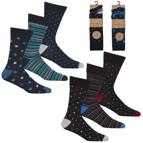 Mens 3 Pack Bamboo Spot And Stripe Design Socks