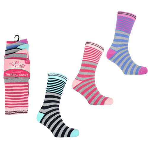 Ladies 3 Pack Exquisite Thermal Socks Stripe