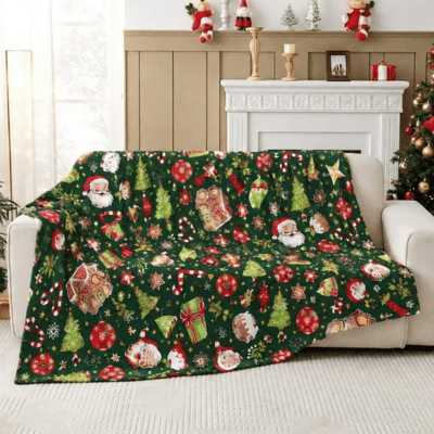 Christmas Design Flannel Throw - Gingerbread Santa House 170cm x 230cm