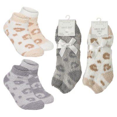 Ladies 2 Pack Bright Animal Print Design Cosy Trainer Socks
