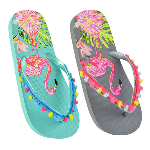 Girls Flamingo Flip Flops with Pompoms | Wholesale Footwear | Girls ...
