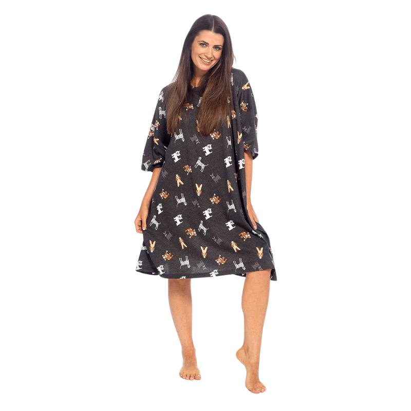 Ladies Short Sleeve Dog Print Jersey Nightie - One Size - Dark Grey