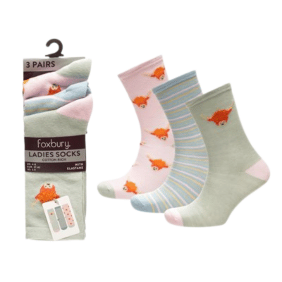 Ladies 3 Pack Highland Cow Design Socks