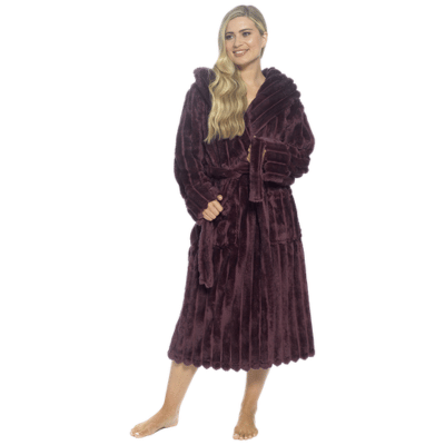 Ladies Supersoft Deep Pile Ribbed Fleece Hooded Gown - Plum