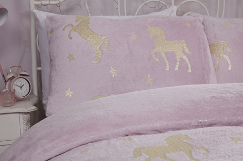 Comfy Fleece Foil Unicorn Duvet Set Blush