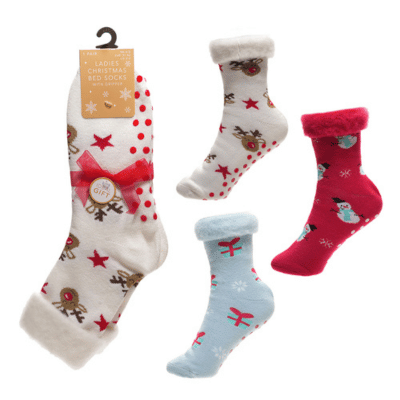 Ladies Christmas Design Brushed Bed Socks With Gripper