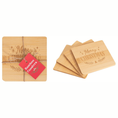 Merry Christmas Design 4 Pack Bamboo Coasters