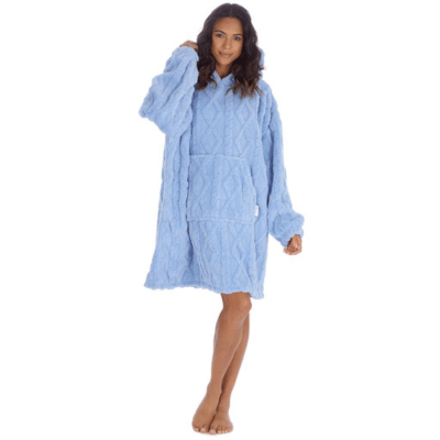 Ladies Cable Knit Design Oversized Snuggle Hoodie - Blue