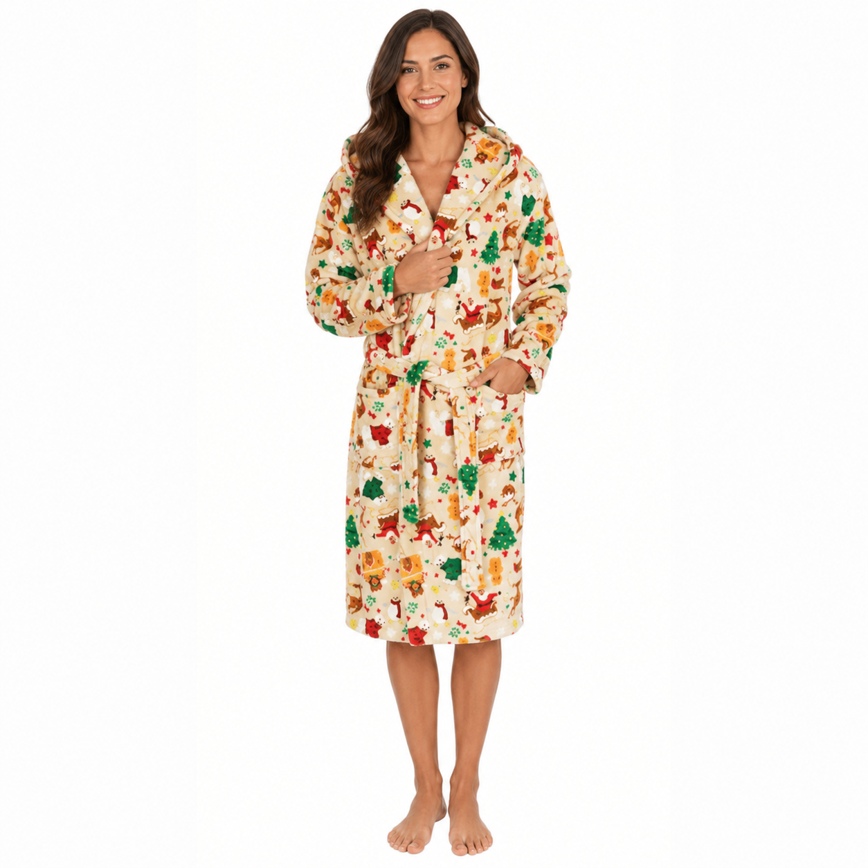 Adults Unisex Christmas Design Dressing Gown - Cream