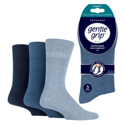 Mens Big Foot Diabetic Gentle Grip Socks Blue Assorted