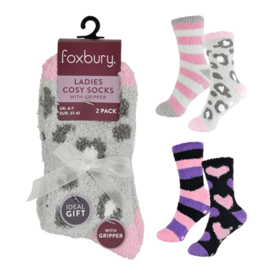 Ladies 2 Pack Fancy Design Cosy Socks With Grippers