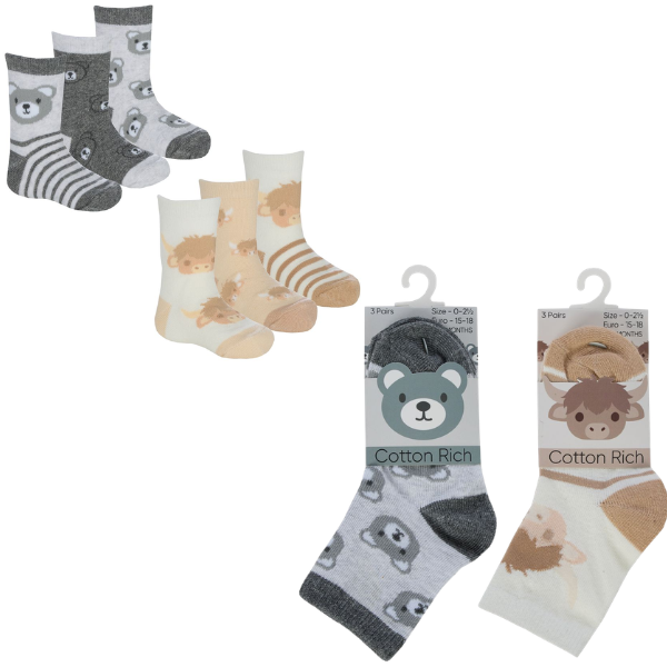 Babies 3 Pack Teddy/Cow Design Socks