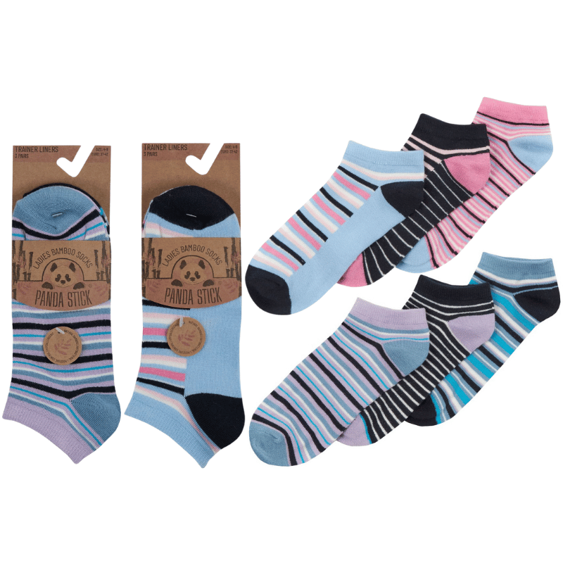Ladies 3 Pack Bamboo Trainer Socks Stripe Design