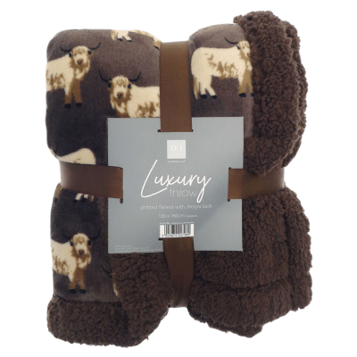 Highland Cow Luxury Design Flannel Throws with Sherpa Reverse - Mocha