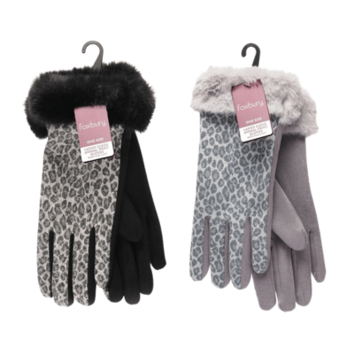 Ladies Suede Animal Print Gloves With Fur Cuff