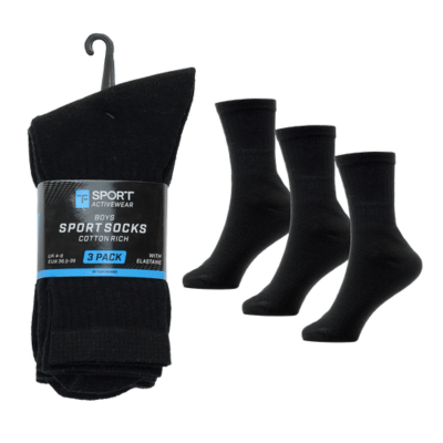 Kids 3 Pack Black Sport Socks - Size 4-6