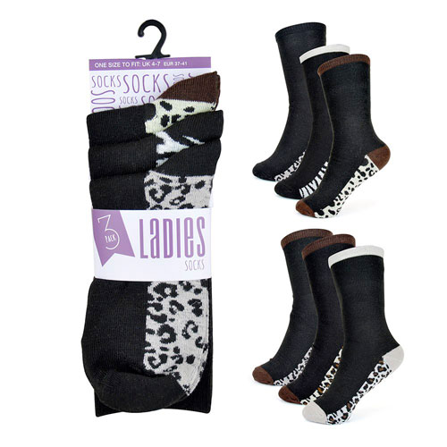Ladies Leopard Print 3 Pack Socks