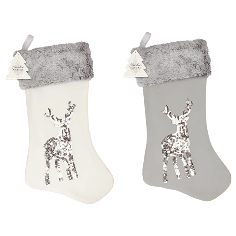 Sequin Reindeer Faux Fur Stocking 45cm x 23cm