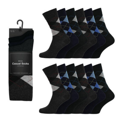Mens 3 Pack Cotton Rich Casual Socks - Dark Argyles