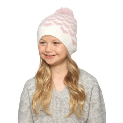 Girls Fluffy Heart Design Beanie Hat With Pom Pom