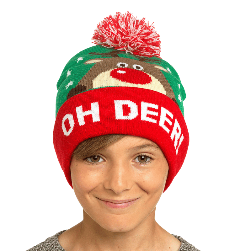 Kids Christmas Oh Deer Design Bobble Hat