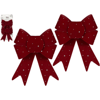 17cm 2 Pack Burgundy Flocked Diamante Bow