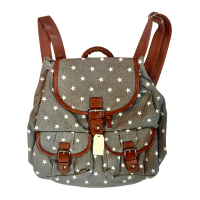 Star Design Canvas Backpack With Leather Trim Grey