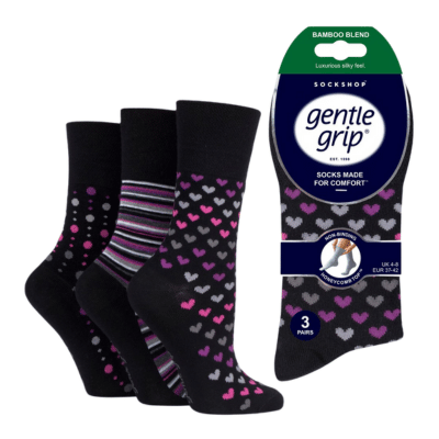 Ladies Bamboo HoneyComb Gentle Grip Socks Hearts/Lines