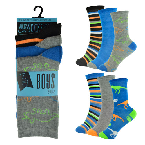 Boys 3 Pack Dinosaur Design Socks