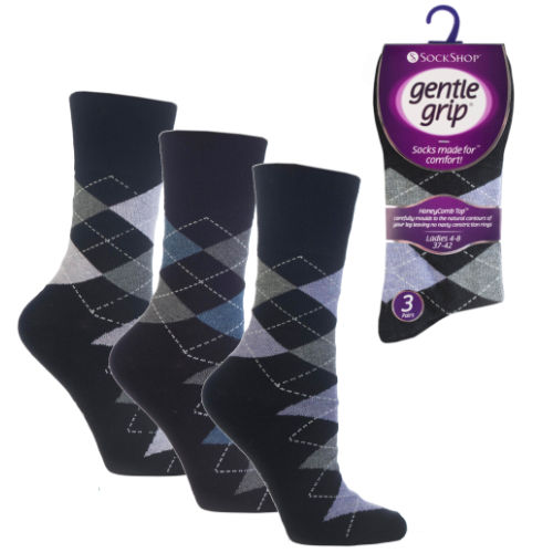 Ladies Gentle Grip Socks Argyle Purple