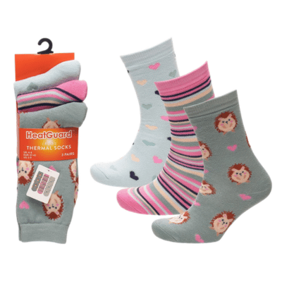 Ladies 3 Pack Hedgehog Print Thermal Socks