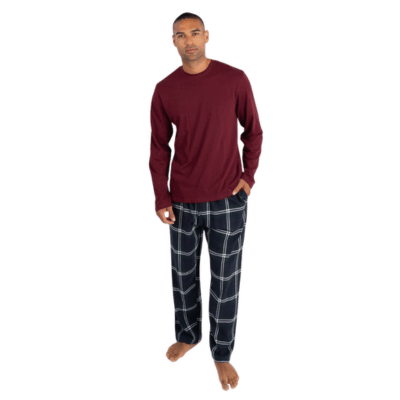 Mens Long Sleeved Jersey & Flannel Lounge Pant Set - Navy Check