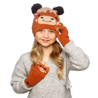 Kids Highland Cow Hat & Mitten Set