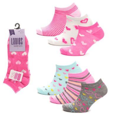 Ladies 3 Pack Spot/Heart Design Trainer Socks