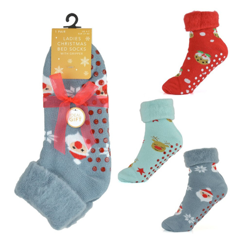 Ladies Christmas Design Brushed Bed Sock With Gripper Wholesale Socks
