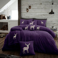 Stag Embroidered Soft Teddy Feel Duvet Set Purple