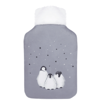 2 Litre Penguin Print Hot Water Bottle With Plush Back - Grey