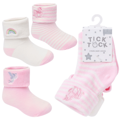 Baby Girls 3 Pack Turn Over Top Embroidered Socks - Fairy - Unicorn - Rainbows