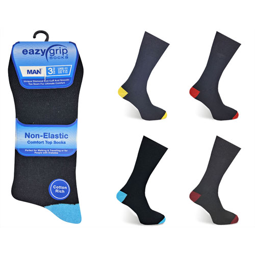 Mens Eazy Grip Non Elastic Socks Coloured Heal & Toe