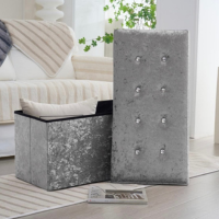 Velvet Cushioned Ottoman Storage Silver with Jewel