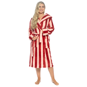 Ladies Supersoft Flannel Fleece Wine with White Stripe Dressing Gown