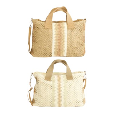 Boho Woven Straw Handbag With Dual Handles And Removeable Crossbody Strap